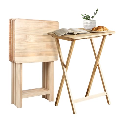 Foldable TV Tray Table Set of 4 with Sturdy X-Base, Space Saving, Wooden Dinner Trays for Dining, Snacking, Picnics & Home/Office,14.5 L x 19 W x 26 H inch, 4-Pack