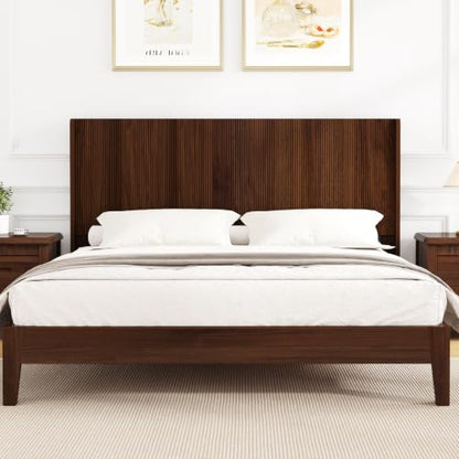 King Size Headboard with Outlets&Lighting, Brown 80" W Headboard Only, Mid Century Modern Freestanding Fluted Headboard Noise-Free with Storage - color: Walnut Brown, size: King