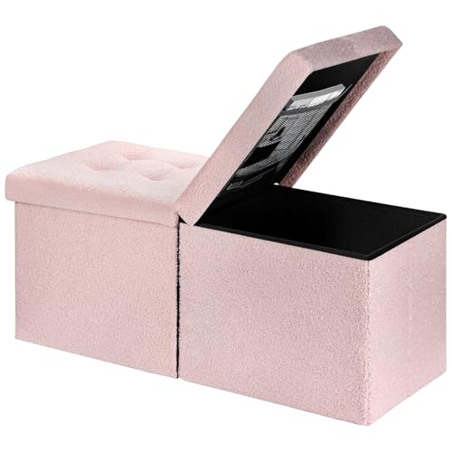 AmasSmile Ottoman Storage Bench,34" Teddy Velvet Folding Chest,Pink | Large Ottoman with Storage,Thicker Foam Padded Seat,Livingroom,Dorm,Bedroom,Entryway,Easy to install,34 x 13 x 13in - color: Pink-teddy Velvet