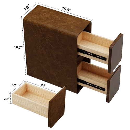 7.8" W Faux Leather Narrow Nightstand, Modern Fully-Assembled Bedside Table with 2 Drawers, Wood Night Stand Small Accent End Table & Side Table for Bedroom, Brown - color: Brown, size: 8in