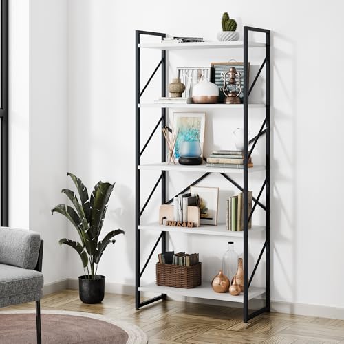 Shintenchi 5 Tiers Bookshelf, Classically Tall Bookcase Shelf,Industrial Book Rack,Modern Book Holder in Bedroom/Living Room/Office, Storage Rack Shelves for Books/Movies,11.8" Dx23.6 Wx62.2 H,White - color: White