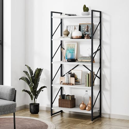 Shintenchi 5 Tiers Bookshelf, Classically Tall Bookcase Shelf,Industrial Book Rack,Modern Book Holder in Bedroom/Living Room/Office, Storage Rack Shelves for Books/Movies,11.8" Dx23.6 Wx62.2 H,White - color: White