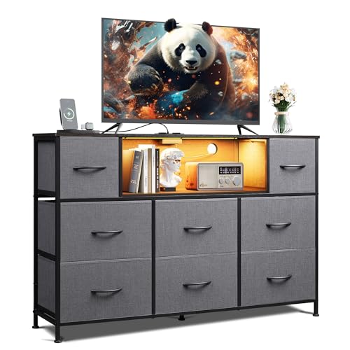 WLIVE LED Dresser TV Stand for 55 Inch TV, 8 Drawers, Dark Grey | Fits TVs up to 55 inch, 8 fabric drawers, LED chest of drawers, Built-in power outlet, Living room or bedroom - color: Dark Gray