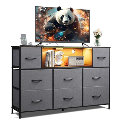 WLIVE LED Dresser TV Stand for 55 Inch TV, 8 Drawers, Dark Grey | Fits TVs up to 55 inch, 8 fabric drawers, LED chest of drawers, Built-in power outlet, Living room or bedroom - color: Dark Gray