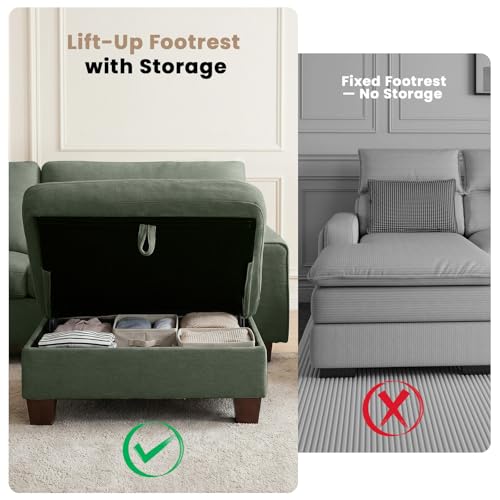 DOPEDIO 88.58" L-Shaped Sectional Couch with Storage Ottoman, Green | L-shaped sectional sofa with storage ottoman, chenille fabric, washable covers, pocket spring cushions, easy assembly - size: 88.58 inch-L, style: Green Chenille