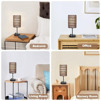 Bedside Lamps Set of 2, Touch Control Night Stand Lamp for Bedroom with Rattan & Linen Shade & Bulbs, 3 Way Dimmable Small Boho Table Lamps with USB Charging Port & Phone Stand (Coffee Color) - color: Coffee-2pack