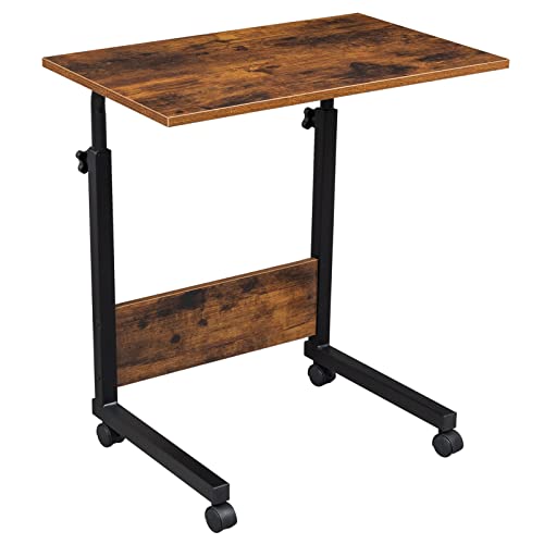 Sofa Side Table C Shaped End Table with Wheels, Rolling Bedside Laptop Table Snack Table TV Tray, Height Adjustable, Wooden Top & Metal Frame - color: Retro Brown, 23.6"
