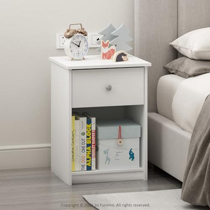Furinno Tidur Nightstand, 1-Pack, White | Knob Handle, with Storage Shelf, Bedside Table, End Table, Side Table, for Bedroom, Closet, Dorm - color: Solid White, style: 1-Pack Knob