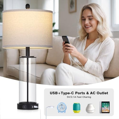 26" Black Glass Table Lamps Set of 2, 3-Way Dimmable Touch Control Living Room Lamp with USB C+A Ports & AC Outlet, Modern Bedside Lamps, Elegant Bedroom Lamps for Nightstand Side End Table Desk - color: Black1
