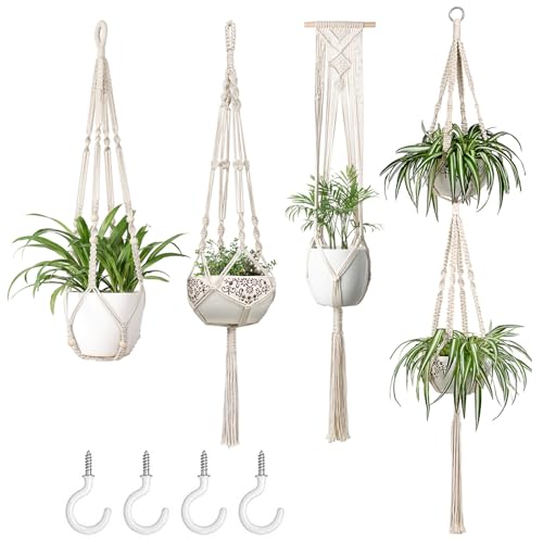Mkono Macrame Plant Hangers Indoor Set of 4 Hanging Planter Basket Ivory | Wall Decorative Hanging Flower Pot Holder for Plants 35"-55" Length, Cotton Rope, with 4 Hook, Boho Home Decor & Aesthetics - color: Ivory