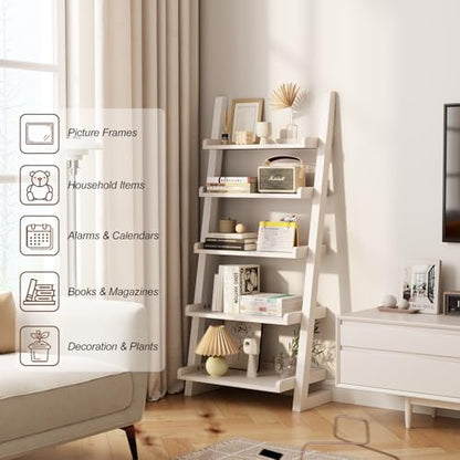 AQIMUELE White Wooden Ladder Shelf with Edges, 5-Tier Modern Leaning Bookshelf Ladder – Stylish Space-Saving Bookcase for Living Room, Bedroom & Home Office - color: White