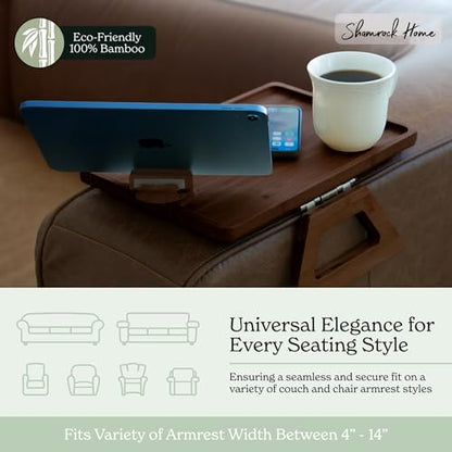 Bamboo Couch Arm Table with Device Holder, Clip On Tray. for TV Dinners, Remotes, Drinks, Snacks and Small Spaces (Rectangular with Device Holder, Brown, Regular 13.75 x 9.5) - color: Brown, size: Regular 13.75 x 9.5", style: Bamboo Rectangular with Devic