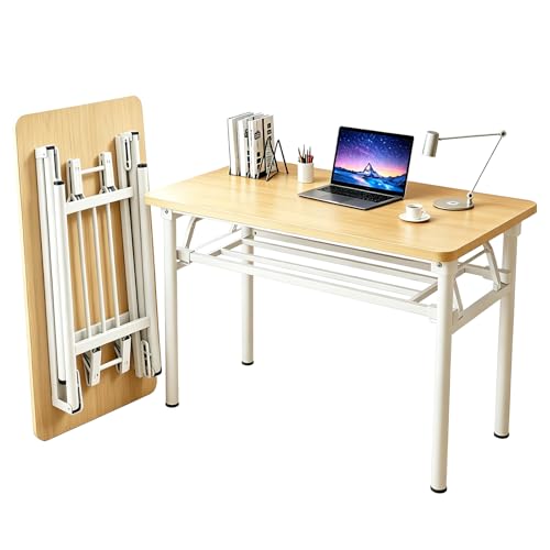 Folding Desk for Small Spaces, 39.4 Inch Foldable Computer Desk, No Assembly Required, Space Saving Portable Study Table for Compact Home Office, Bedroom, Dorm, Apartment, Teak&White - color: Frame：white/Board：teak, size: 39.4"*19.7"