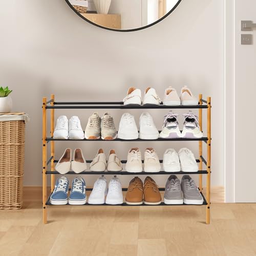 Storage MANIAC Expandable Shoe Rack, 16 Pairs Stackable Small Shoe Rack, Metal Adjustable Shoes Organizer for Closet, Entryway, Hallway, Garage, Front Door, Shoes Shelves, Bamboo 4 Tier - size: 4 Tier