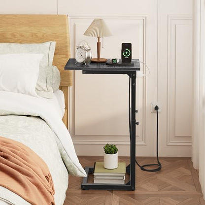 C Shaped End Table with Charging Station, 33" Tall Side Table for Couch, Adjustable Height C Table End Table, Couch Table Slide Under Sofa Table TV Tray Table for Living Room, Gray Walnut - color: Gray Walnut, style: Charging Station
