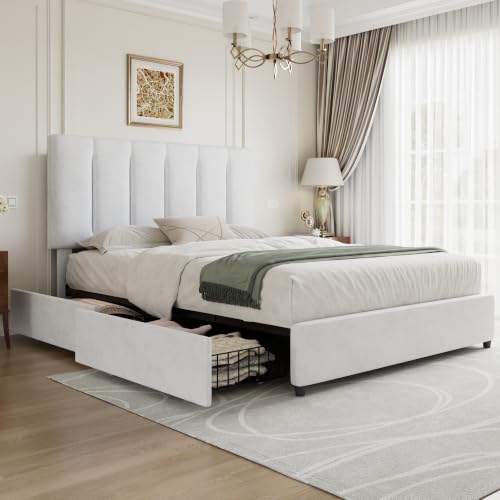 VECELO Full Size Bed Frame with 4 Storage Drawers, Adjustable Height Headboard, Heavy-Duty Platform Bedframe with Strong Wooden Slats, No Box Spring Needed, Pure White - color: Pure White, size: Full, style: Bed Frame With Drawers