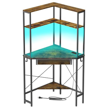 Corner Desk with Hutch and LED Light, Keyboard Tray, Rustic Brown - color: Rustic Brown