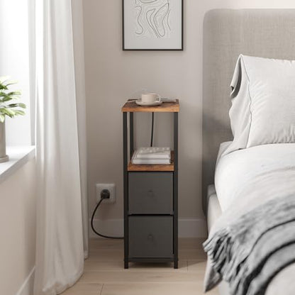 TUTOTAK Narrow LED End Table with Charging Station, Skinny Side Table | Bedside Table with Outlets, Nightstand with 2 Cloth Drawers, Couch Table for Living Room, Bedroom, Brown and Black TB01BB056K - color: Brown and Black, style: 2 Drawers with Plug & Li