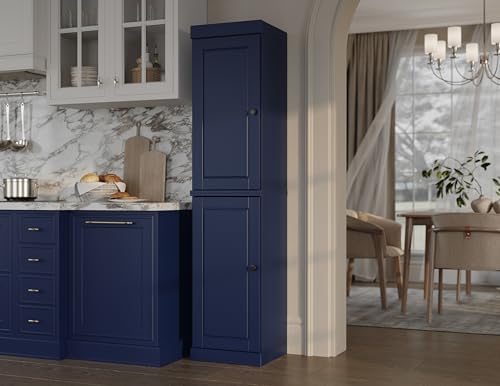 Solid Wood Kitchen Pantry - Narrow Storage Cabinet - Raised Panel Doors, Adjustable Shelves, Navy Blue, 16.5" Wide x 71.5" Tall, 100% Eco-Friendly Wood, Modular Pantry Cabinet Systems - color: Navy Blue, style: Raised Panel Doors