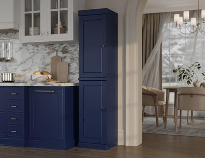 Solid Wood Kitchen Pantry - Narrow Storage Cabinet - Raised Panel Doors, Adjustable Shelves, Navy Blue, 16.5" Wide x 71.5" Tall, 100% Eco-Friendly Wood, Modular Pantry Cabinet Systems - color: Navy Blue, style: Raised Panel Doors