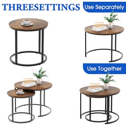aboxoo Coffee Table Nesting Round Table Set of 2 Side Table with Sturdy Metal Frame for Living Room Bedroom Apartment Modern Industrial Simple Nightstand,Rustic Brown - color: Rustic Brown