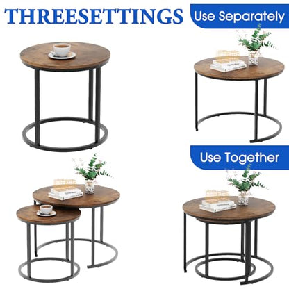 aboxoo Coffee Table Nesting Round Table Set of 2 Side Table with Sturdy Metal Frame for Living Room Bedroom Apartment Modern Industrial Simple Nightstand,Rustic Brown - color: Rustic Brown