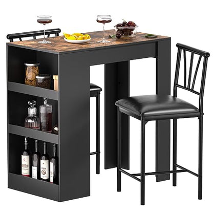 VECELO Small Bar Table and Chairs Tall Kitchen Breakfast Nook with Stools/Dining Set for 2, Storage Shelves, Space-Saving, Retro - color: Retro