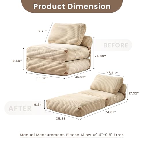 ovios Folding Sofa Bed, Foldable Sleeper Chair Floor Futon, Comfy Portable Convertible Fold Out Lounge Chairs for Living Room Bedroom, Beige - color: Beige