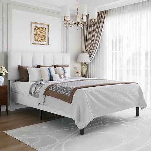 VECELO Queen Size Bed Frame with Upholstered Headboard, Heavy-Duty Bedframe with Wooden Slats & Steel Framework, Easy Assembly, Pure White - color: Pure White, size: Queen, style: Platform