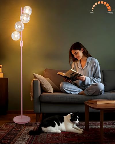 Lightdot 64IN Dimmable Floor Lamp with Globe Clear Glass Shade, Modern Pink Standing Lamps with 4PCS 3000K Bulbs Included,LED Floor Lamp with 5Lbs Heavy Base for Living Room Bedroom//Sofa Beside - color: 4 Clear Globe-Pink