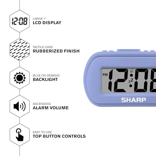 Sharp Battery Alarm Clock with Soft-Touch Case and Blue Backlight, Lavender | Soft-touch rubberized case; Battery operated; Blue backlight on demand; Ascending alarm; Snooze; Easy to use - color: Lavender