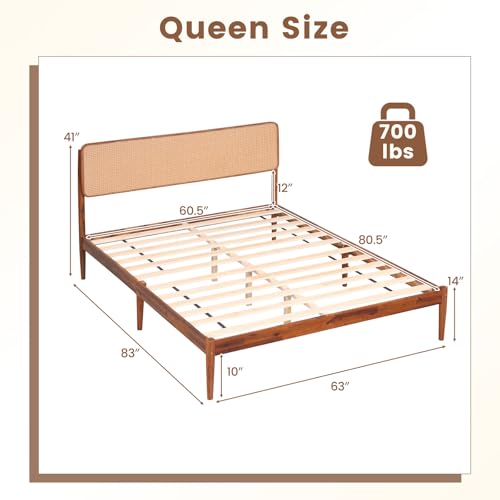 GIANTEX Rattan Queen Bed Frame, Boho Wood Platform Bed with Wicker Headboard, Wooden Mattress Foundation & Support Slats, Under-Bed Storage, Queen Size Bedframe for Adults, No Box Spring Needed - size: Queen