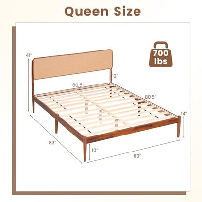 GIANTEX Rattan Queen Bed Frame, Boho Wood Platform Bed with Wicker Headboard, Wooden Mattress Foundation & Support Slats, Under-Bed Storage, Queen Size Bedframe for Adults, No Box Spring Needed - size: Queen