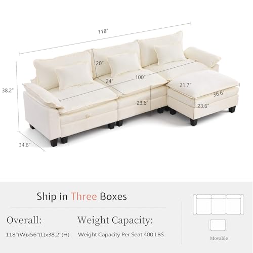 118" Modular Sectional Sofa with Storage, L-Shaped Cloud Couch | Deep Seat, Moveable Ottoman, Throw Pillows, Sofa Sleeper, Cloud Comfort Couches for Living Room Bedroom, Chenille Beige - color: Beige, size: 118" - 4 Seat L