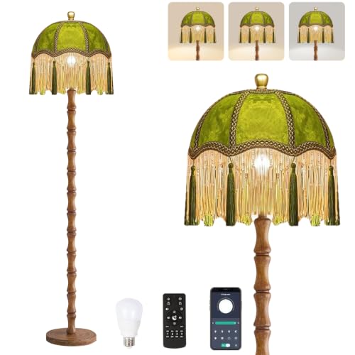 ILLMTW Vintage Floor Lamp for Living Room,Bedroom,Dimmable Standing Lamp with Remote,Green Mid Century Gold Tall Lamp Boho Retro Floor Light Wood Fringe Tassel Flower Unique Tiffany Victorian Decor - size: Floor Lamp-37