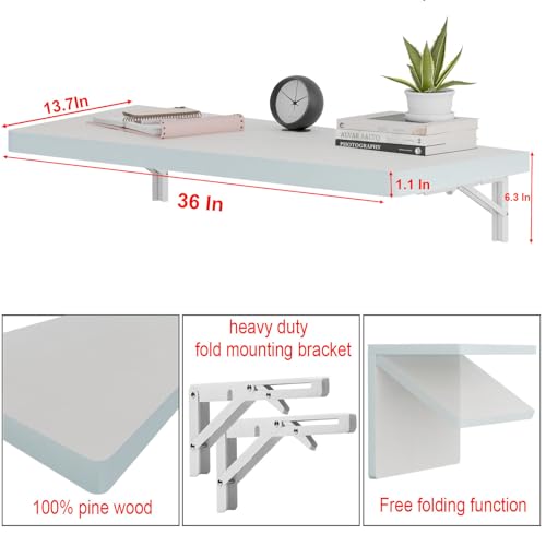 IAE Wall Mounted Folding Table with Pine Wood,36" x 14"Floating Wall Desk | Laundry Folding Table with Shelf Brackets,Fold Down Desk Shelf,Fold Workbench for Apartments,Home,Laundry Room,Kitchen,White - color: White, size: 36*13.7*6.3 Inch