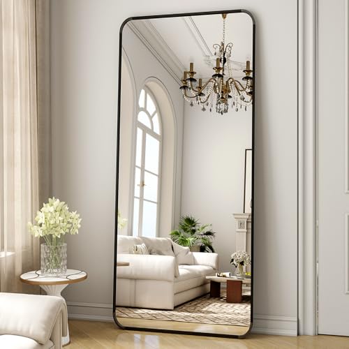 Black 26 x 71 Full Length Mirror Rounded Corner for Home Decor | Nano Floor Mirror with Stand Rect Full Body Mirror Aluminum Alloy Frame Standing Leaning or Hanging for Bedroom Checkroom - color: Black, size: 71"L x 26"W