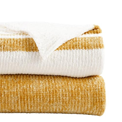 BATTILO HOME Mustard Yellow Throw Blanket for Couch, Soft Chenille Throw Blanket Knit Throw Blankets for Bed, Sofa,Chair, Farmhouse Throw Blankets, Fall Throw Blanket,51"x67" - color: Yellow and White Striped
