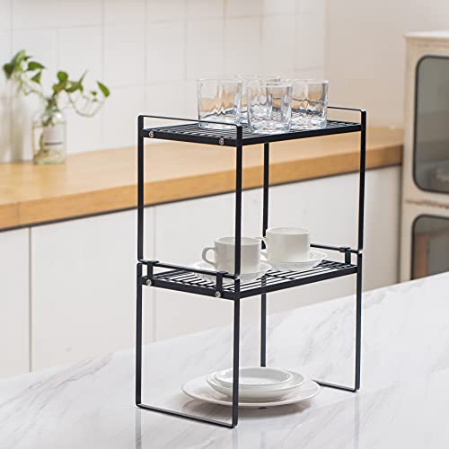 Shantton 2pk Kitchen Cabinet Shelf Counter Organizer Rack Pantry Storage Bathroom Bedroom Office Table Desk Space Saving Steel Frame Stackable Rust Resistant Non Slip Black-Tall-L13in W8.3in H9.5in | 2-Pack Stackable Metal Riser Holds 40LBS with Non-Slip