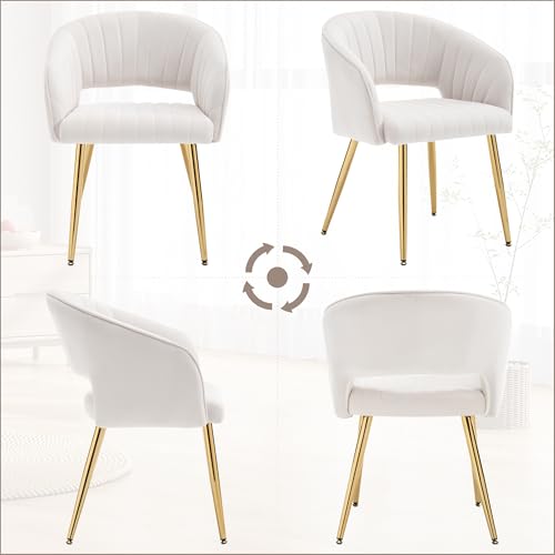 Velvet Home Office Desk Vanity Chair, No Wheels, Gold Legs, Off-White Cream | Modern Accent Chair with Stylish Stripe Design, Spacious‌ Soft Seat for Girls & Women Bedroom Makeup or Nail Table - color: Off-white Cream Velvet, No Wheels
