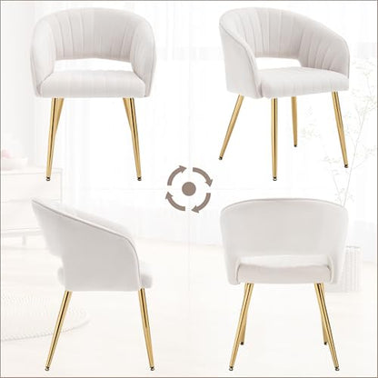 Velvet Home Office Desk Vanity Chair, No Wheels, Gold Legs, Off-White Cream | Modern Accent Chair with Stylish Stripe Design, Spacious‌ Soft Seat for Girls & Women Bedroom Makeup or Nail Table - color: Off-white Cream Velvet, No Wheels