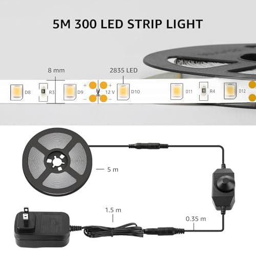 Lepro LED Strip Light White, 16.4ft Dimmable Vanity Lights, 6000K Super Bright LED Tape Lights, 300 LEDs 2835, Strong 3M Adhesive, Suitable for Home, Kitchen, Under Cabinet, Bedroom, Daylight White - size: 16.4 ft