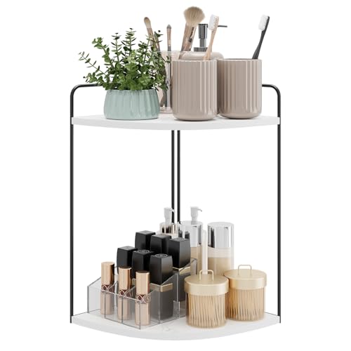Bathroom Counter Organizer, Vanity & Makeup Countertop Organizer | Corner Bathroom Counter Organizer, Bathroom Sink Organizer, Bathroom Counter Shelf, Countertop Organizer, Corner Desk Shelf - color: Black-white Marble 2 Tier