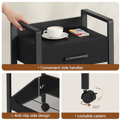 Hoctieon 3-Tier Rolling Storage Cart with Drawer, Rolling Utility Cart Organizer, Mobile Shelving Unit with Wheels, Metal Frame, Kitchen Utility Cart for Small Space, Office, Bathroom, Black - color: Black