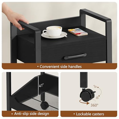 Hoctieon 3-Tier Rolling Storage Cart with Drawer, Rolling Utility Cart Organizer, Mobile Shelving Unit with Wheels, Metal Frame, Kitchen Utility Cart for Small Space, Office, Bathroom, Black - color: Black