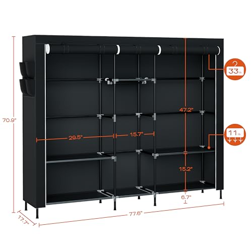 CASAMAYA Portable Closet, 77.6 Inch Extra Large Capacity Wardrobe Closet with Cover, Clothes Storage Organizer with Shelves and 3 Hanging Rods, Easy to Assembly, Black PCT223B01 - size: 77.6"L x 17.7"W x 70.9"H