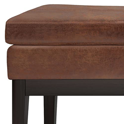 SIMPLIHOME Carlson Ottoman Bench - 45 inch Wide Upholstered Vegan Leather Rectangle Ottoman in Distressed Saddle Brown, Mid Century Modern Bench for Bedroom or Living Room with Padded Seat - color: Brown, style: Ottoman Bench