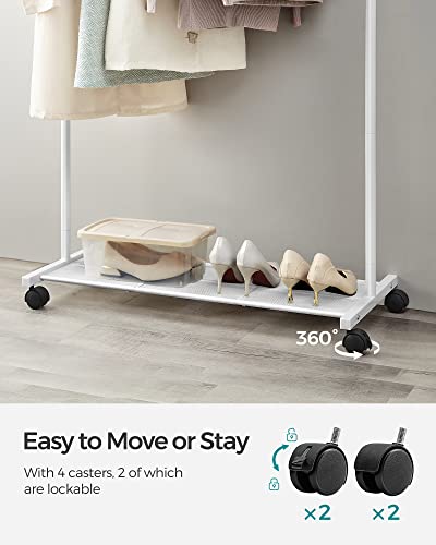 SONGMICS Clothes Rack with Wheels, Clothing Rack for Hanging Clothes, 25.4 mm Metal Garment Rack with Dense Mesh Storage Shelf, 110 lb Load Capacity, 2 Brakes, Cloud White UHSR025W01 - color: White, style: Single Rod