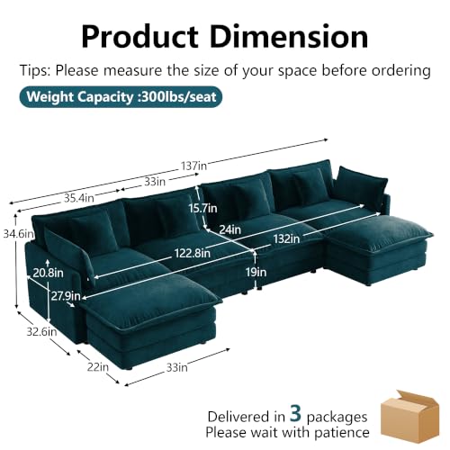 4 Seater Sectional Sofa,137 inch U-Shape,Blue | Chenille Deep Seat Sofa with Pillow for Living Room, Bedroom and Apartment - color: Blue, size: 137Inch-U