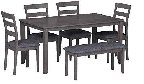 Signature Design by Ashley 6-Piece Dining Table Set with Bench, Gray | Plush gray polyester seats, Wood, veneer and engineered wood build, Space-saving tuck-under bench, Bridson Series - color: Grey